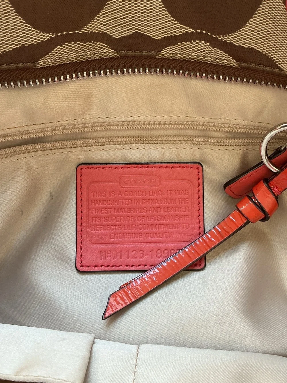 Coach Chelsea Signature Stripe Charlie Tote Khaki Coral‎ Patent Leather Bag